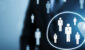 Human resource management and recruitment employment business concept. Businessman drawing circle select group people standing out of crowd