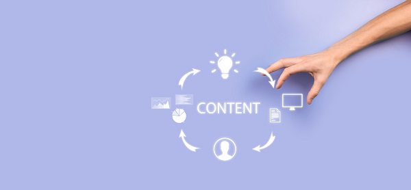 Content marketing cycle - creating, publishing, distributing content for a targeted audience online and analysis.